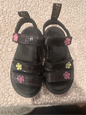 Dr. Martens Kids Black Glitter Sandals with Pink & Yellow Flower Accents